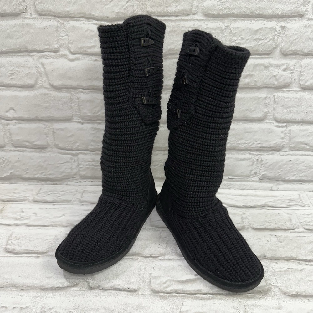 BEARPAW Black Classic Knitted Tall Three Button Boot Suede Heel Women's size 8 - Picture 11 of 14